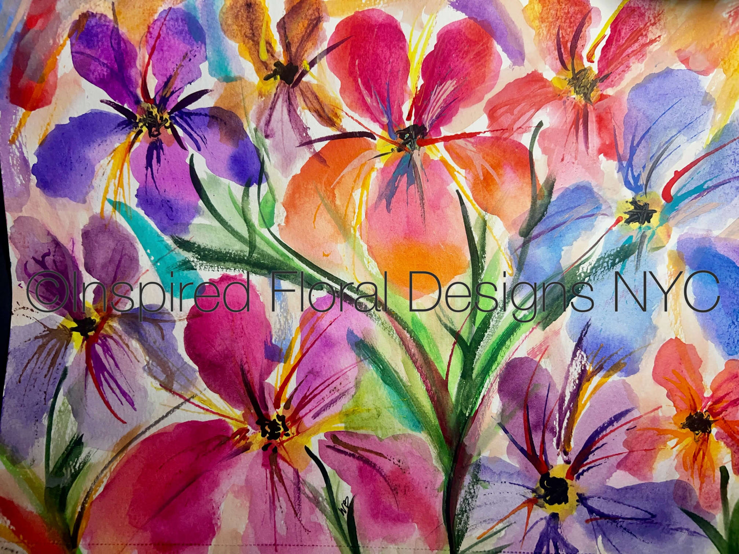 Watercolor floral scarf by Inspired Floral Designs NYC featuring vibrant purple, pink, orange, and blue flowers with green stems on a light background, overlaid with the text 'Inspired Floral Designs NYC'. Copyright
