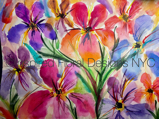 Watercolor floral scarf by Inspired Floral Designs NYC featuring vibrant purple, pink, orange, and blue flowers with green stems on a light background, overlaid with the text 'Inspired Floral Designs NYC'. Copyright