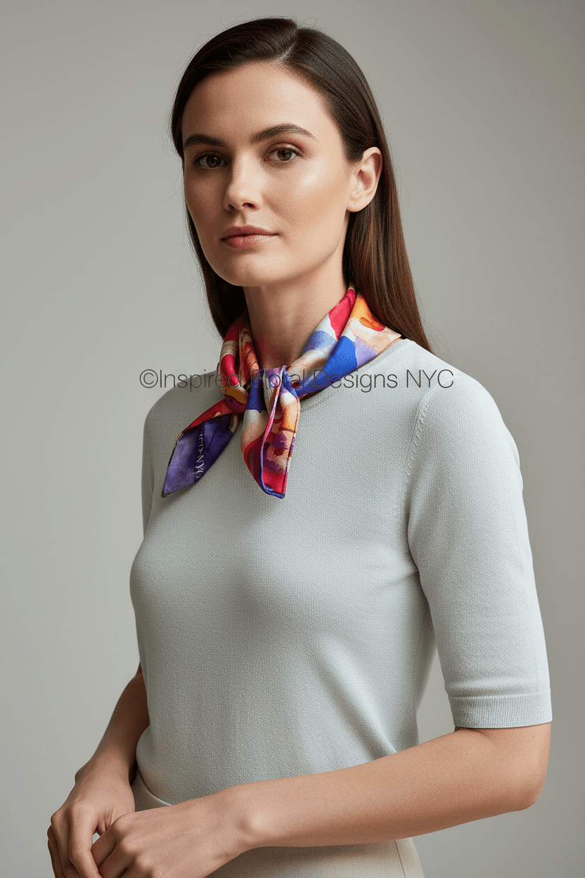 A woman wearing a light gray knit top and a colorful floral patterned silk scarf by Inspired Floral Designs NYC LLC tied around her neck, photographed against a neutral gray studio background. Copyright