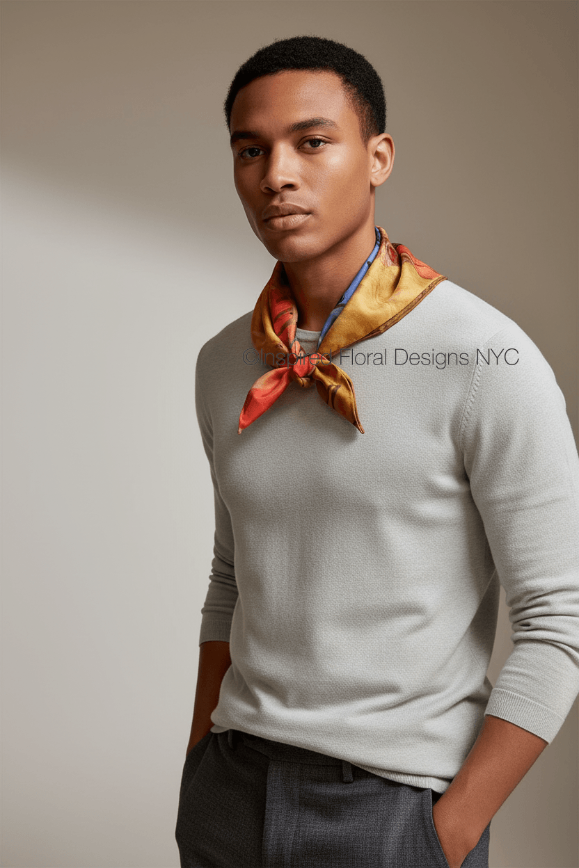 A man wearing a light gray long-sleeve knit sweater, dark gray trousers, and a patterned orange and gold neck scarf, posed against a neutral beige studio background. Scarf by Inspired Floral Designs NYC Copyright llc