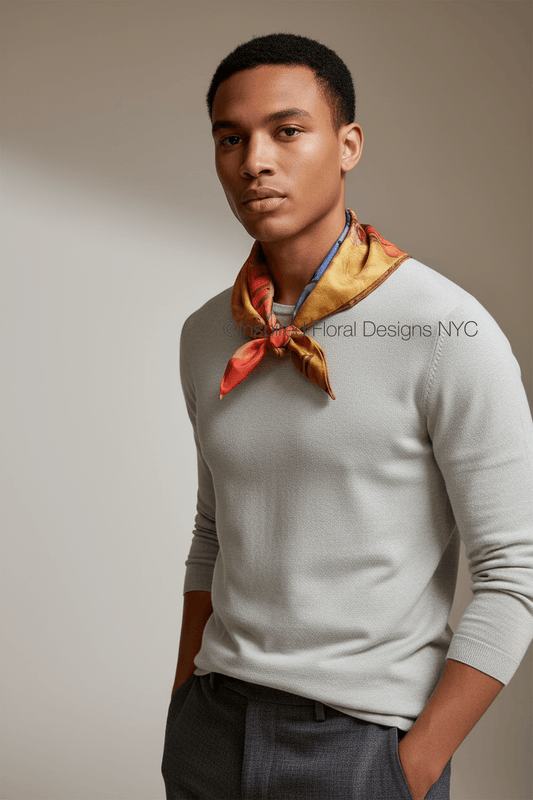 A man wearing a light gray long-sleeve knit sweater, dark gray trousers, and a patterned orange and gold neck scarf, posed against a neutral beige studio background. Scarf by Inspired Floral Designs NYC Copyright llc