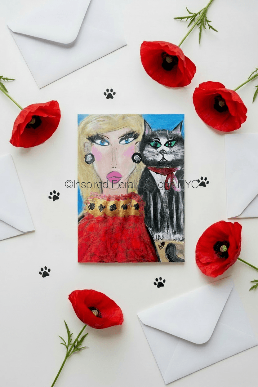 Greeting card with a cat and woman illustration surrounded by red poppies on a white background. by whitney inspired floral designs nyc llc copyright