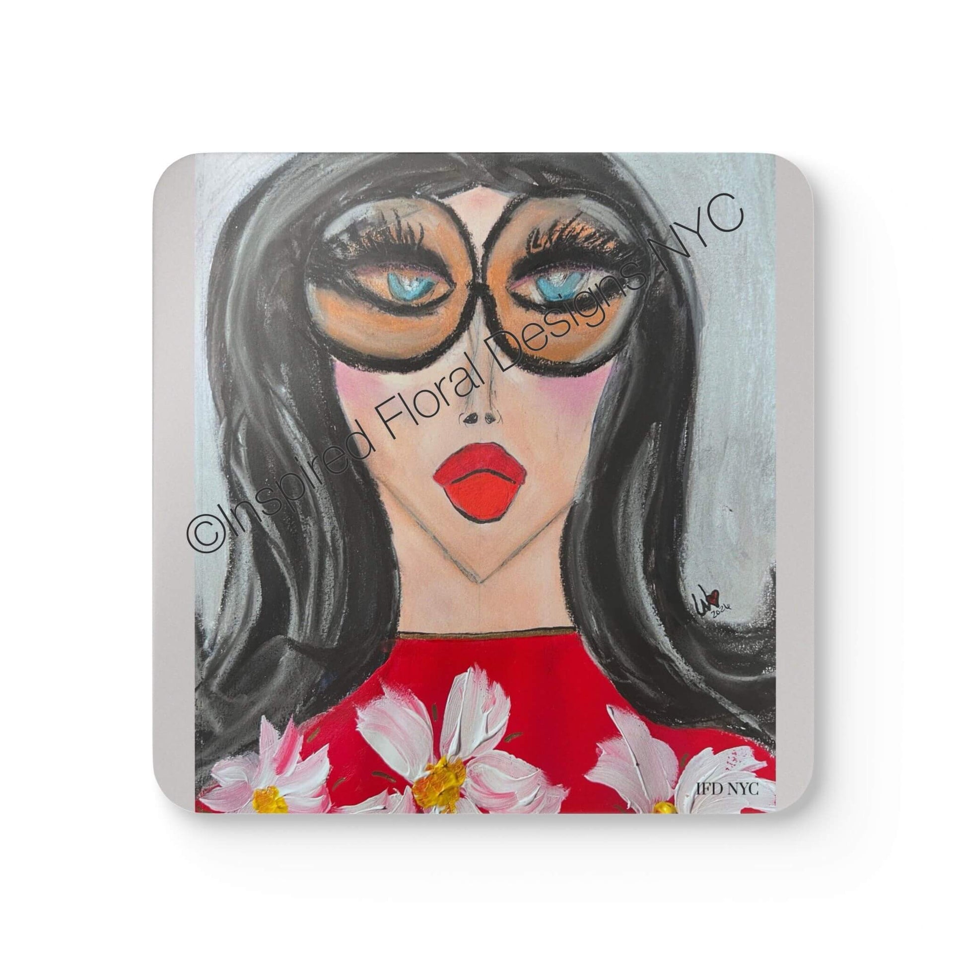 Odette Visages single coaster close-up showing full art detail by Whitney at Inspired Floral Designs NYC