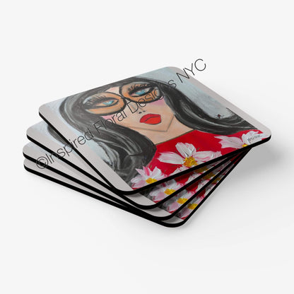 Odette Visages coaster set of 4 fanned out showing dark hair teal eyes oversized glasses red floral top by Whitney at Inspired Floral Designs NYC