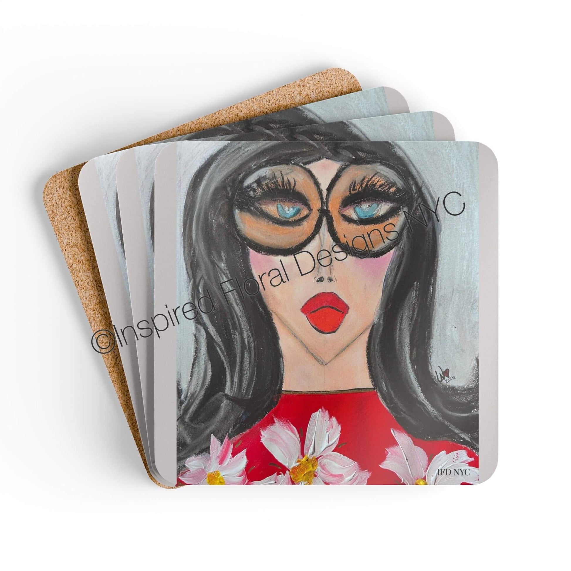 Odette Visages coaster set of 4 stacked showing cork back by Inspired Floral Designs NYC