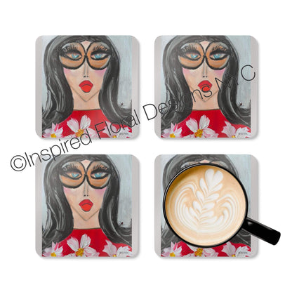 Odette Visages set of 4 coasters flat lay with latte cup lifestyle shot by Inspired Floral Designs NYC