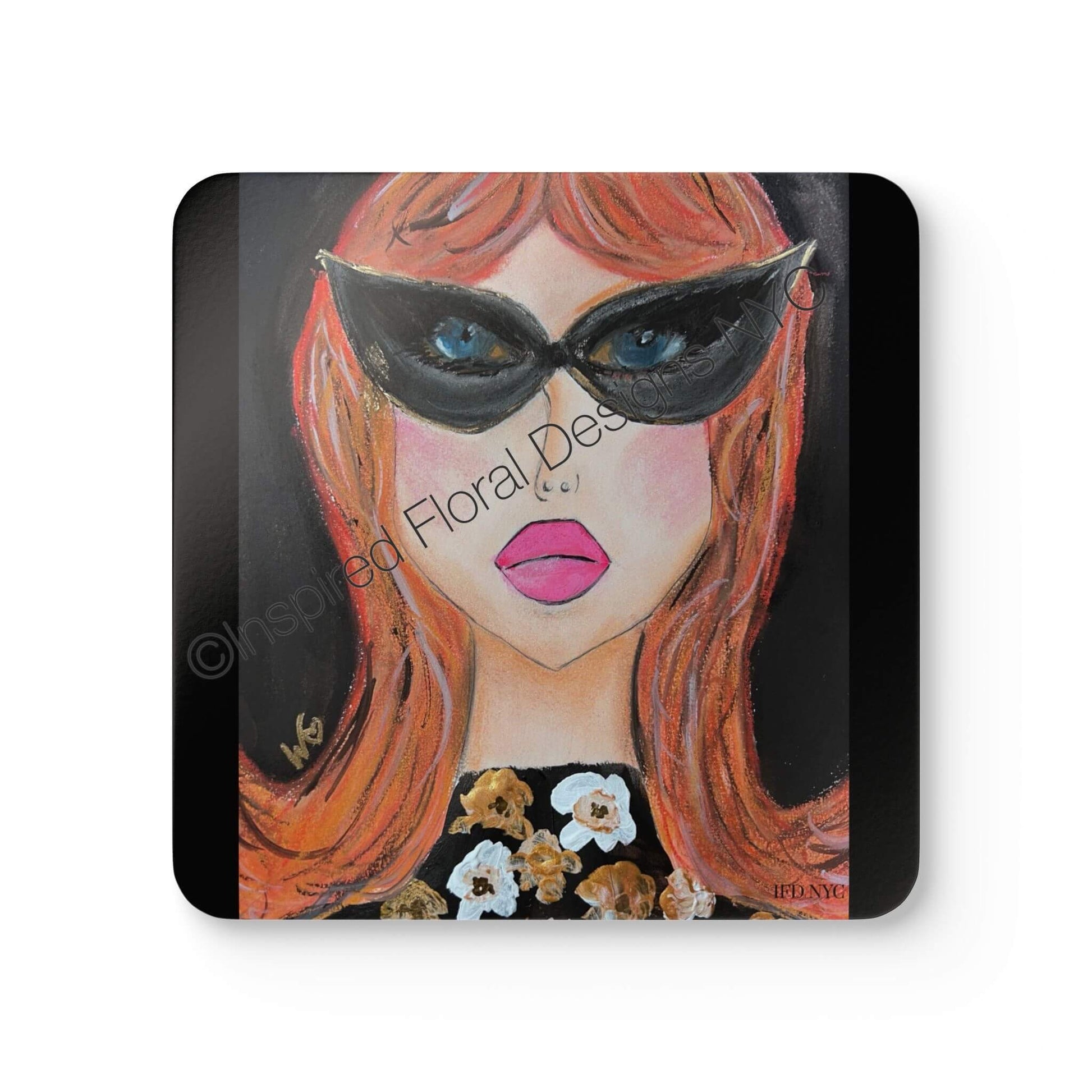 Sable Power Gals single coaster close-up fiery auburn hair black cat-eye mask blue eyes pink lips by Whitney at Inspired Floral Designs NYC