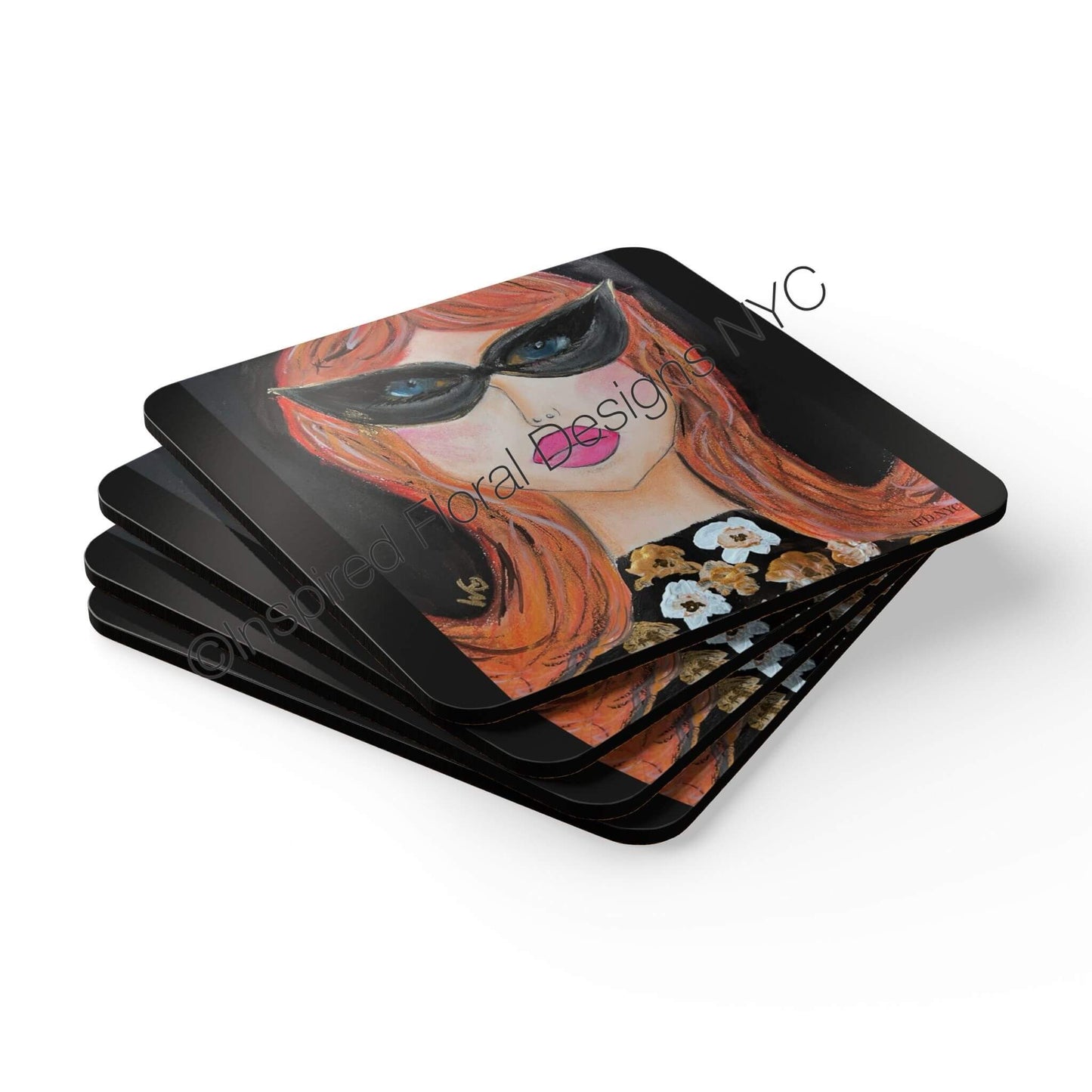 Sable Power Gals coaster set of 4 stacked showing art detail by Inspired Floral Designs NYC