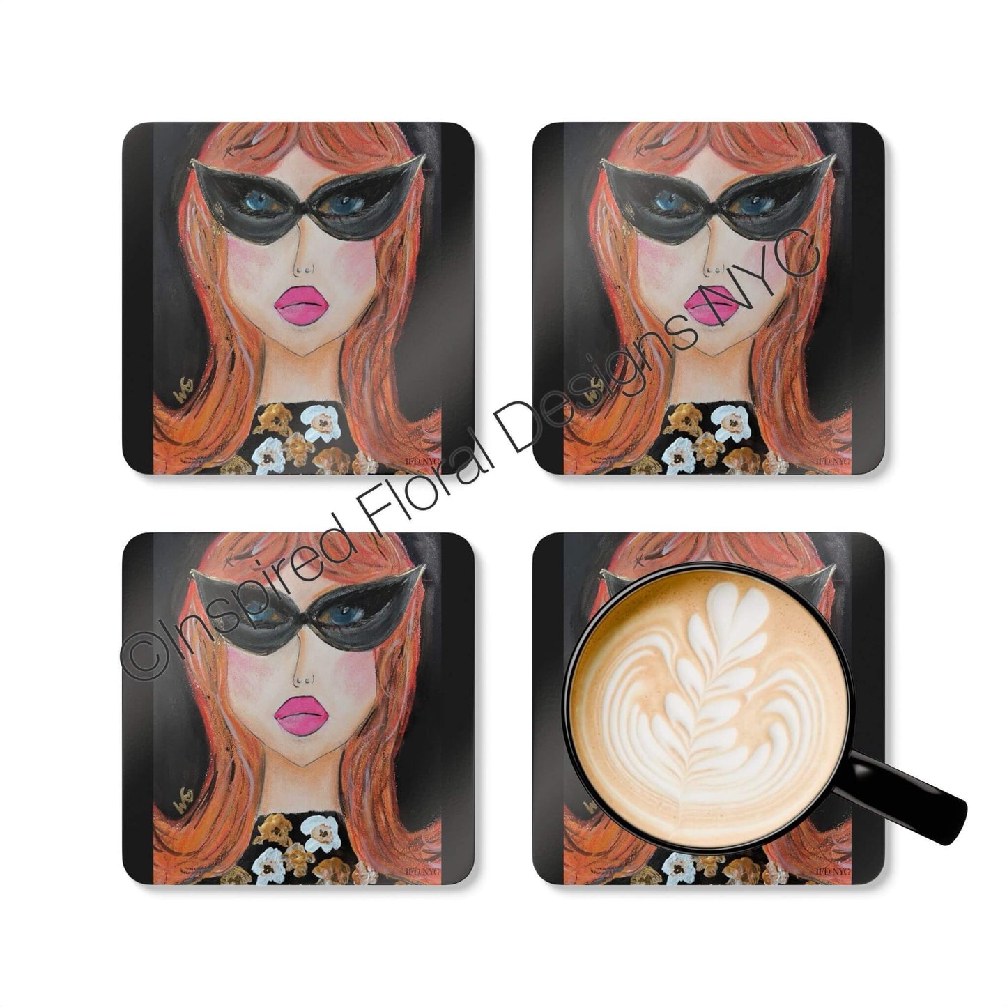 Sable Power Gals set of 4 coasters flat lay with latte cup lifestyle shot by Inspired Floral Designs NYC