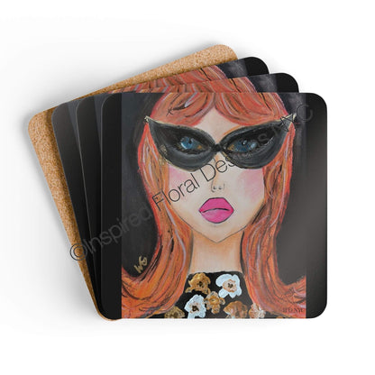 Sable Power Gals coaster set of 4 stacked showing cork back by Inspired Floral Designs NYC