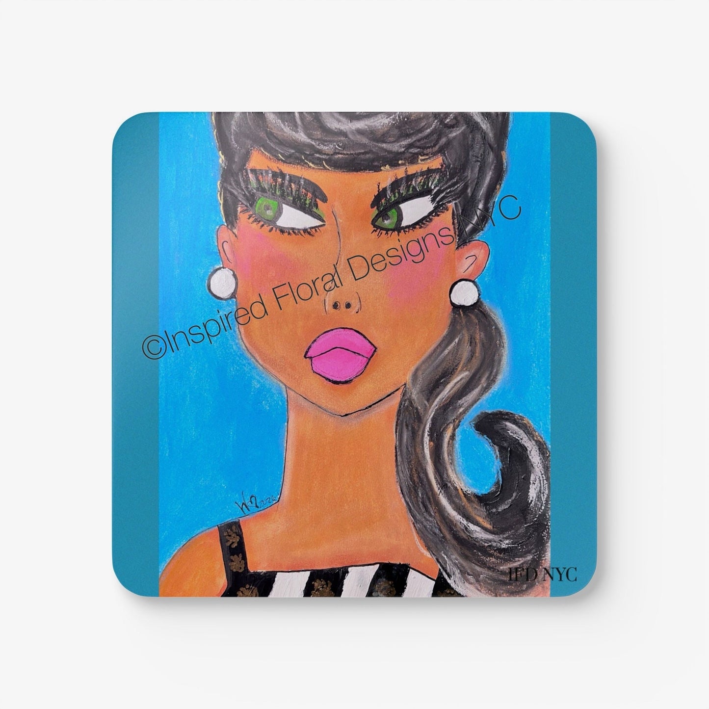 Simone Power Gals single coaster close-up bold dark hair green eyes pink lips teal background by Whitney at Inspired Floral Designs NYC