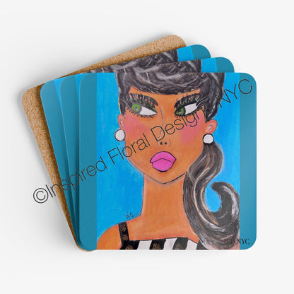 Simone Power Gals coaster set of 4 stacked showing cork back by Inspired Floral Designs NYC