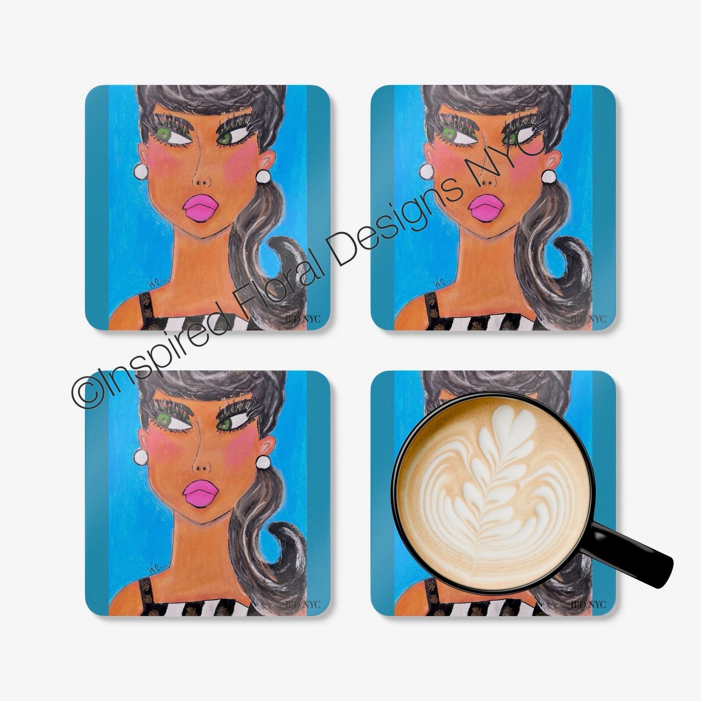 Simone Power Gals set of 4 coasters flat lay with latte cup lifestyle shot by Inspired Floral Designs NYC