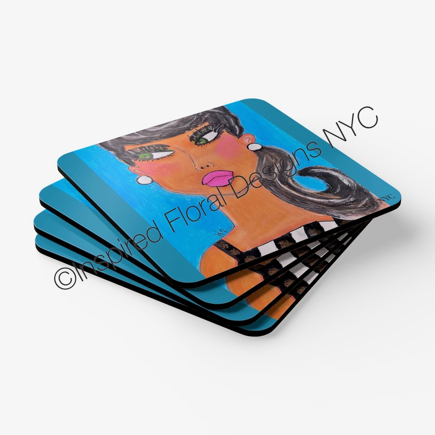 Simone Power Gals set of 4 coasters fanned out showing full art by Inspired Floral Designs NYC