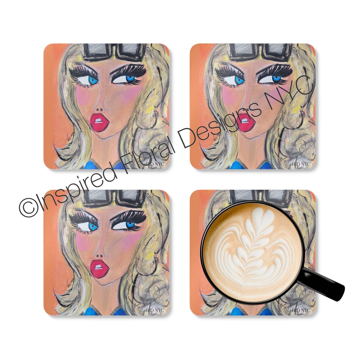 Monaco Power Gals set of 4 coasters flat lay with latte cup lifestyle shot by Inspired Floral Designs NYC