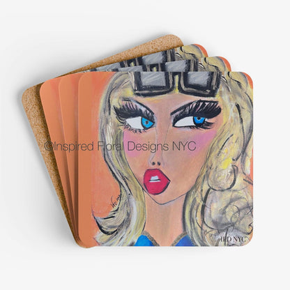 Monaco Power Gals coaster set of 4 stacked showing cork back and bold blonde character with blue eyes by Whitney at Inspired Floral Designs NYC