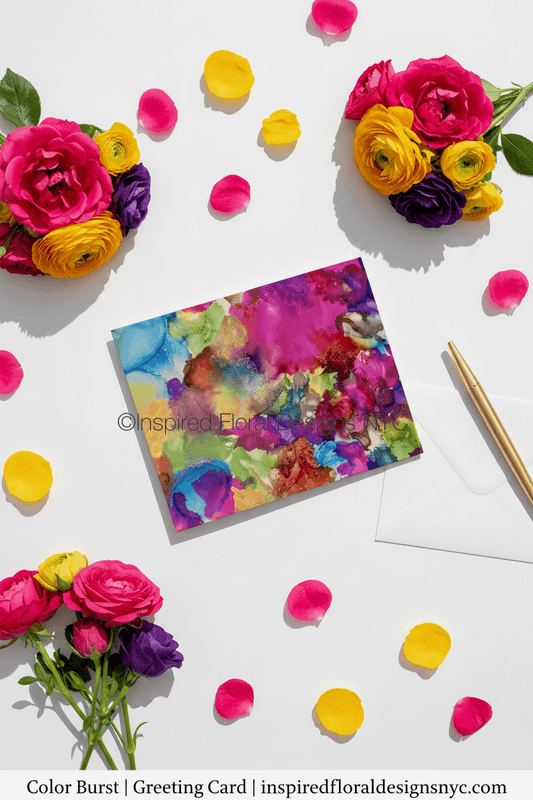 Colorful greeting card with floral design by Barbara inspired floral designs nyc llc surrounded by flowers and petals on a white background copyright
