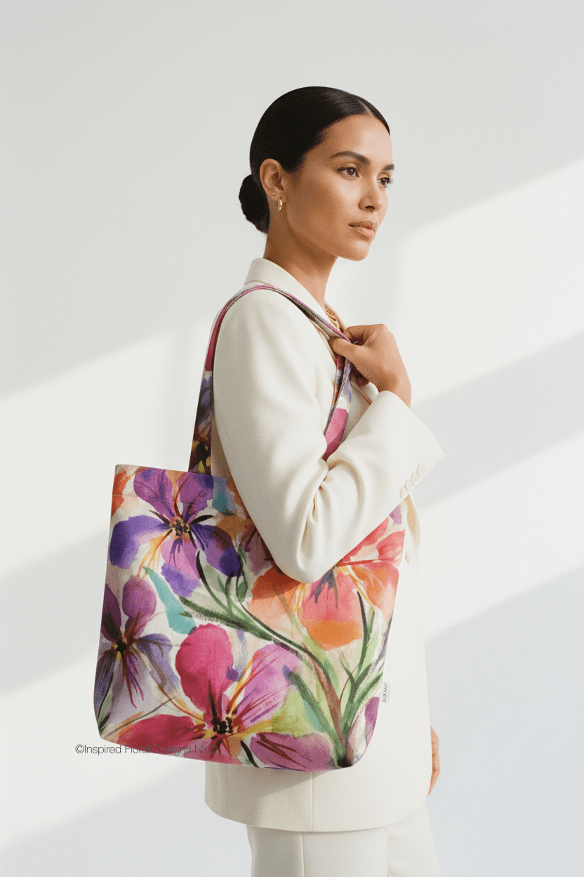 model in cream suit carrying every day floral tote iris social by inspired floral designs nyc llc copyright 