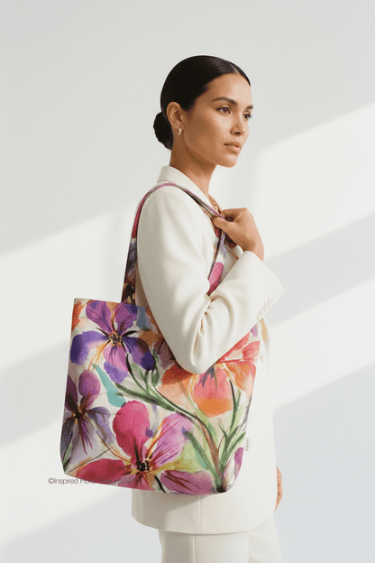 model in cream suit carrying every day floral tote iris social by inspired floral designs nyc llc copyright 