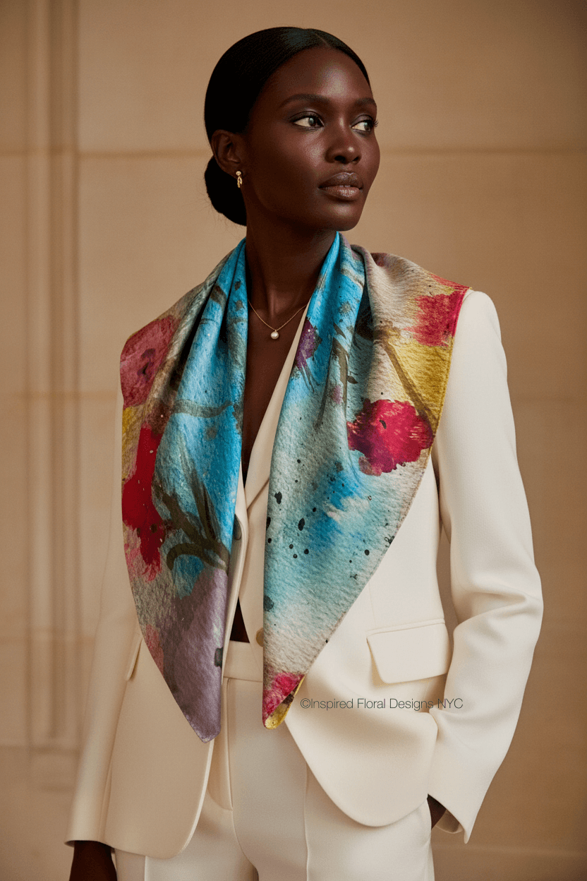 model wearing a cream suit and inspired floral designs nyc floral symphony scarf in blue red and yellow copyright