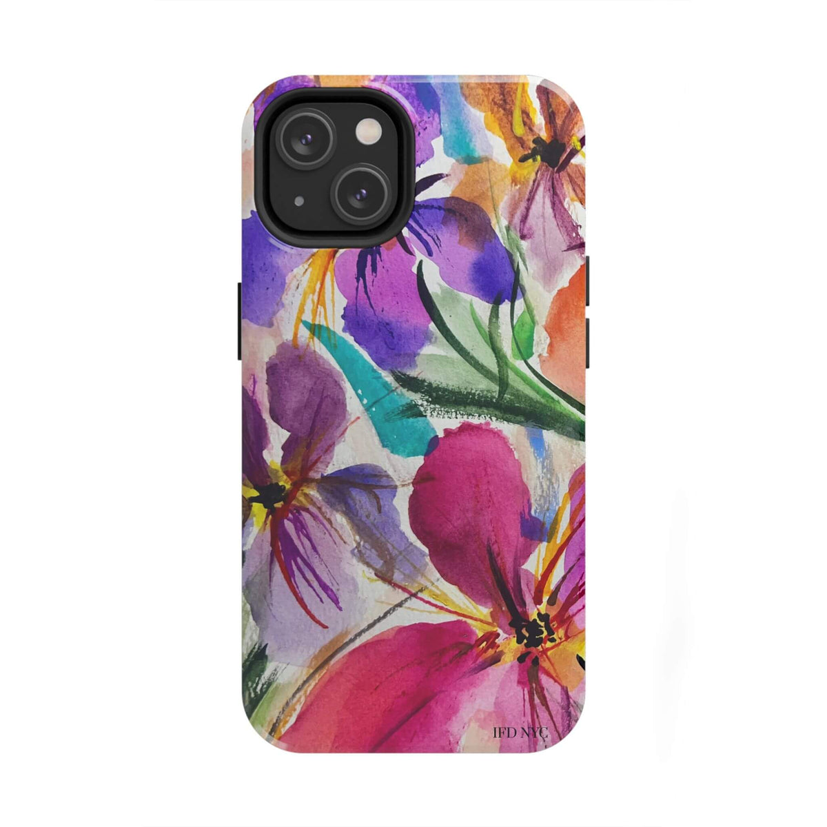 A protective phone case featuring a vibrant watercolor floral print with pink, purple, orange, and green hues, shown on a clean white background. iphone 14