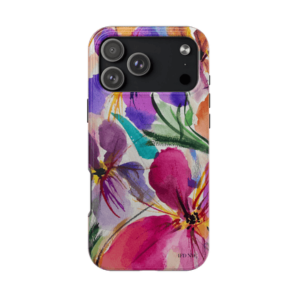 A protective phone case featuring a vibrant watercolor floral design with pink, purple, green, and orange tones, shown on a plain white background. iphone 18 pro max
