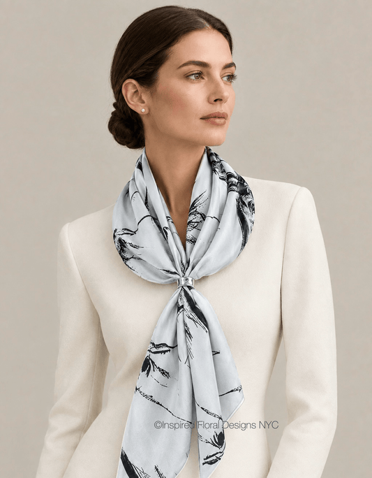 A woman wearing a cream-colored blazer and a light blue silk scarf with a black botanical pattern, styled in a knot around her neck against a neutral beige background. Inspired Floral Designs NYC
