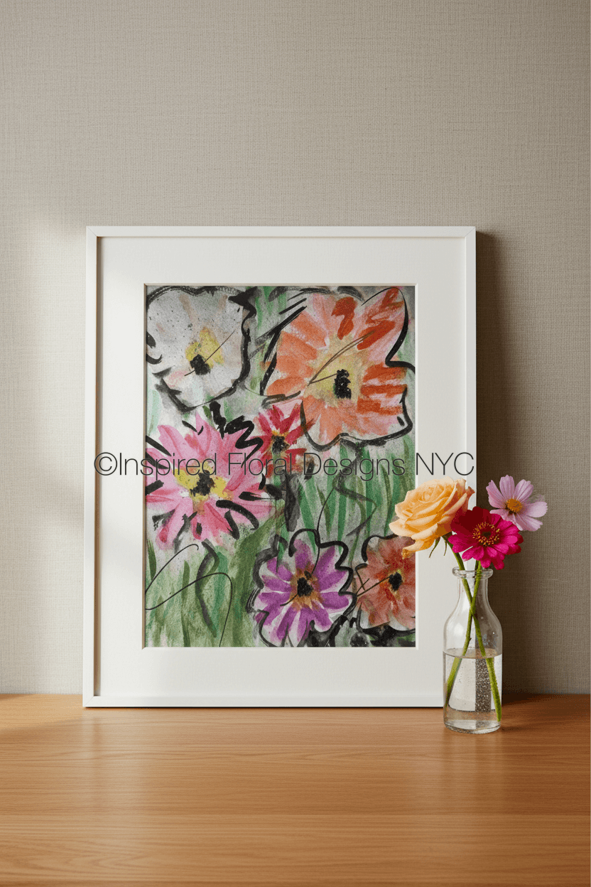 A framed floral art print by Barbara at Inspired Floral Designs NYC leaning against a beige wall on a wooden surface, with a small glass vase of flowers beside it. The artwork shows colorful flowers in pink, orange, purple, white, and green. Copyright