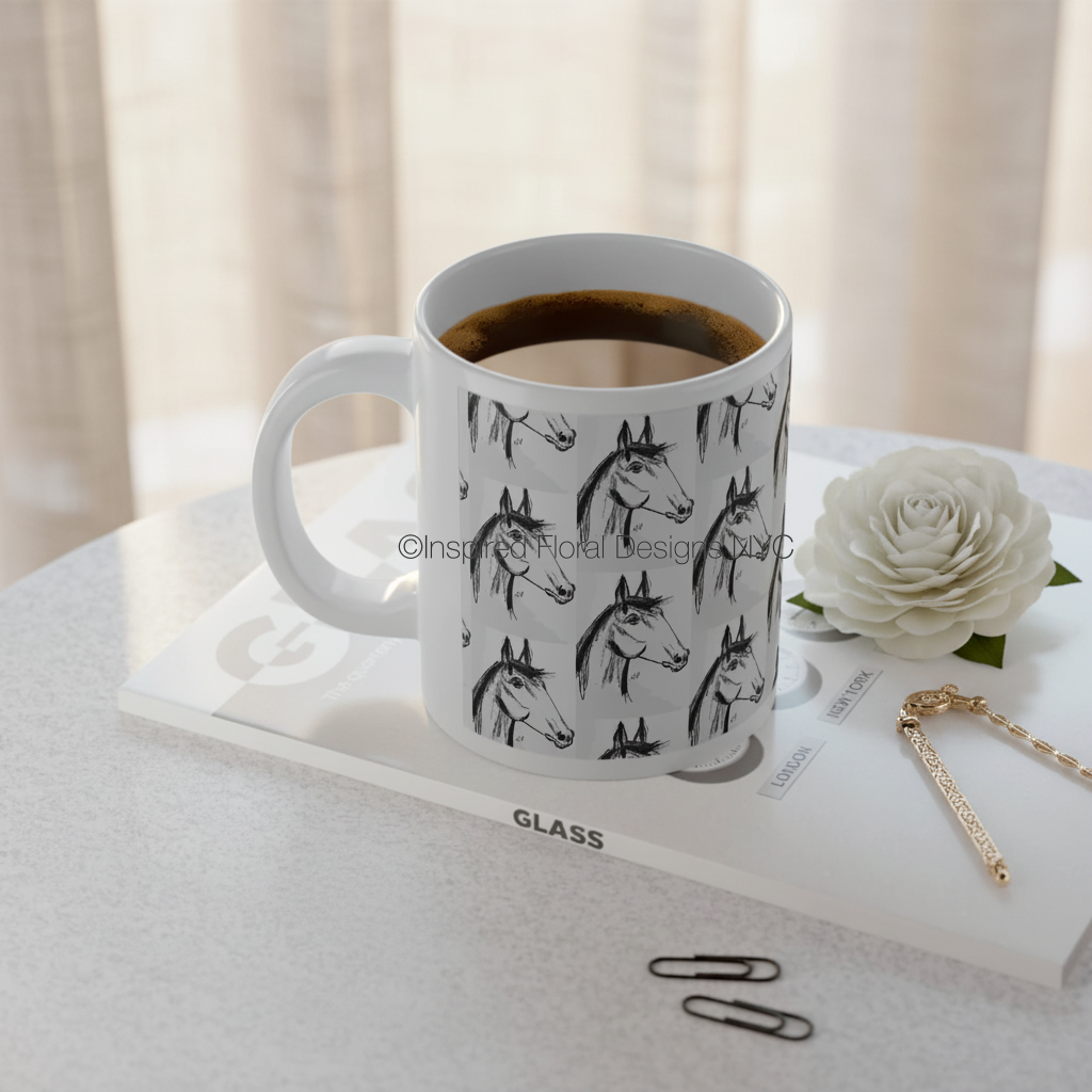 horse spirit sketch mug on table with book and white flower inspired floral designs nyc llc copyright 
