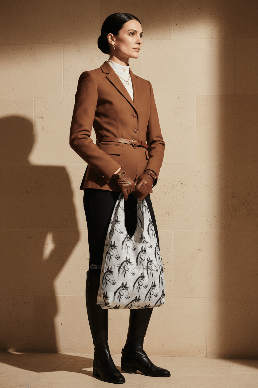 woman dressed in horse riding gear holding the horse spirit tote from inspired floral designs nyc llc copyright