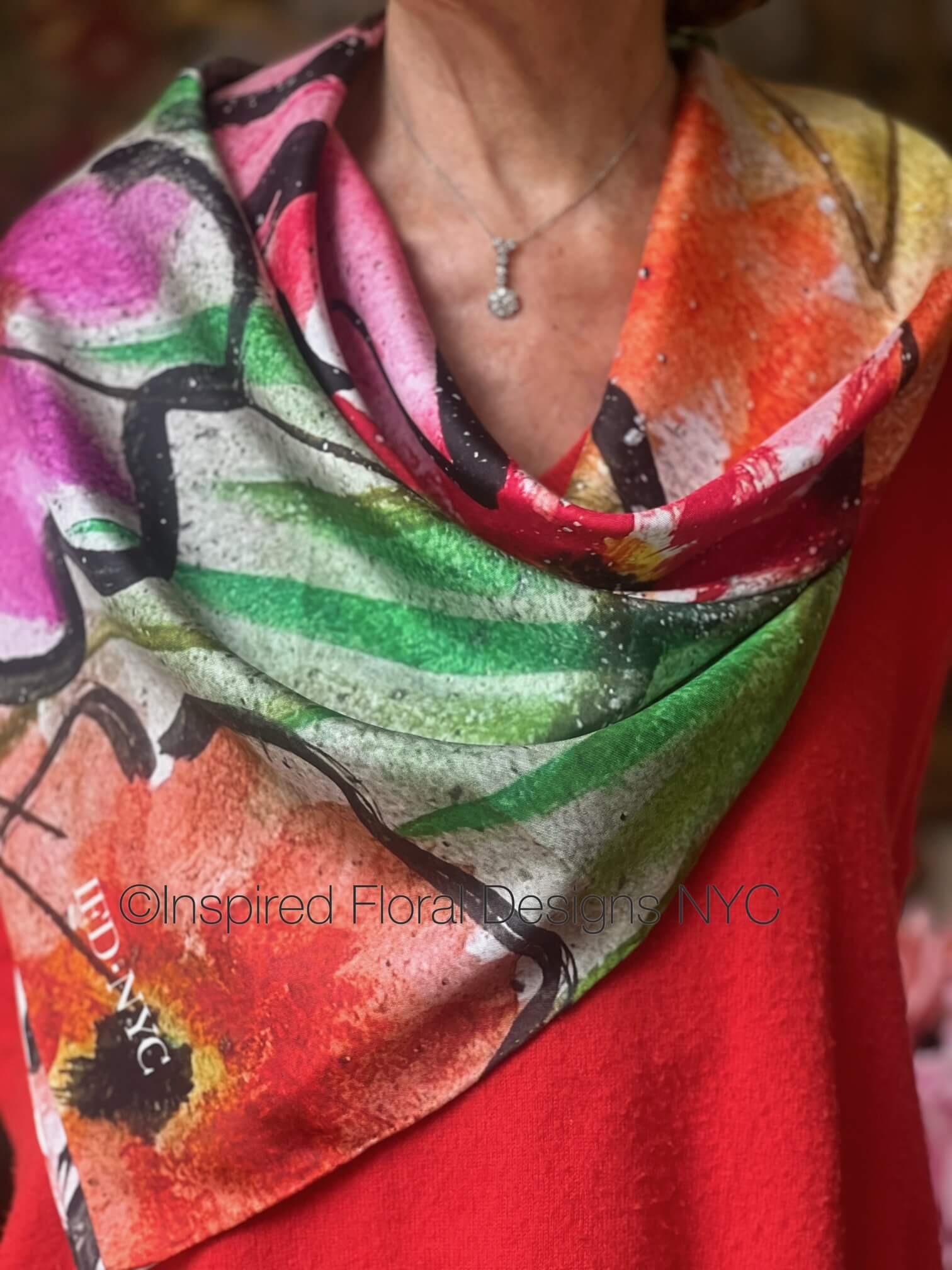 Colorful floral abstract scarf titled peace in the edit floral art in silk collection by inspired floral designs nyc copyright