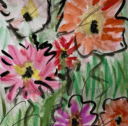 Colorful floral design with abstract black lines on a white background, inspired Floral Designs NYC copyright protected the edit floral art in silk collection peace scarf