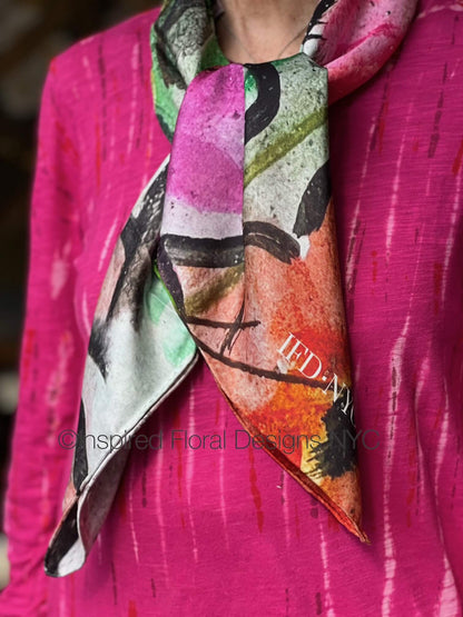 Colorful floral scarf with floral design on a pink background inspired floral designs nyc the edit floral art in silk peace scarf copyright