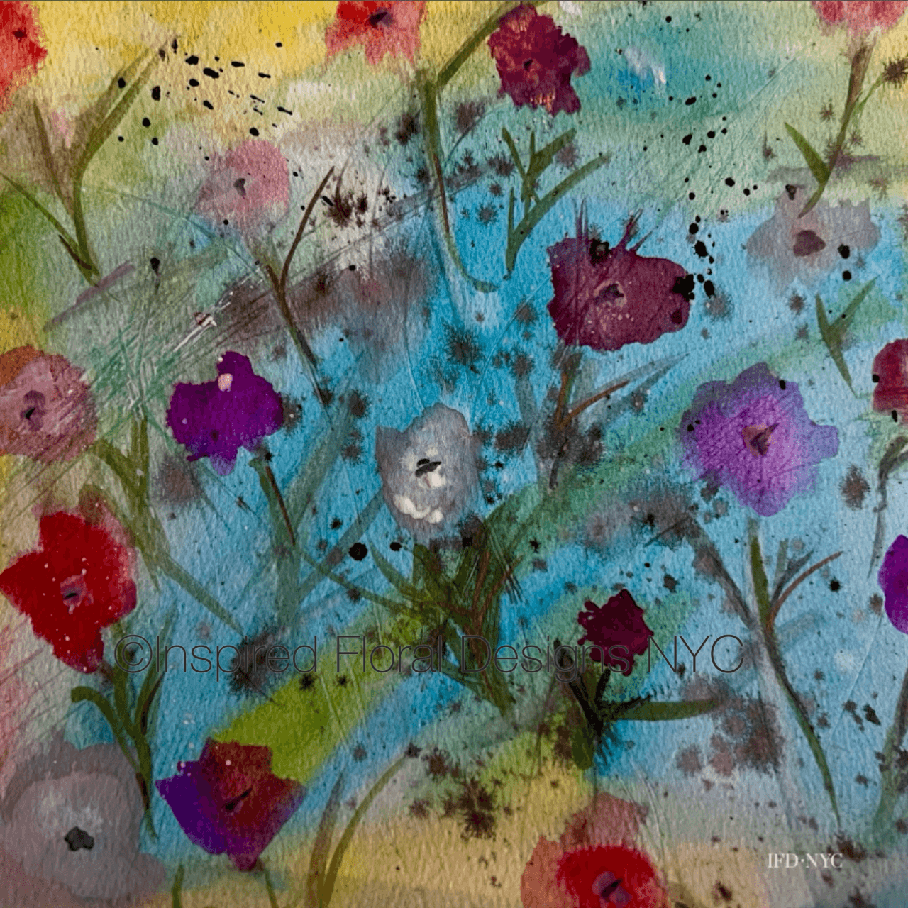Abstract floral artwork with colorful flowers on a textured background titled floral symphony by inspired floral designs nyc copyright 