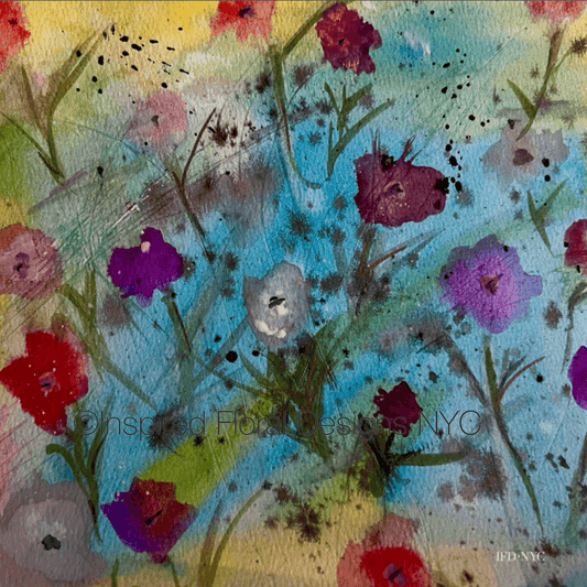 Abstract floral artwork with colorful flowers on a textured background titled floral symphony by inspired floral designs nyc copyright 
