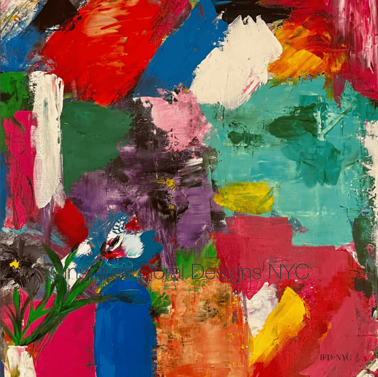 Abstract art with colorful brush strokes and Inspired Floral Designs NYC branding.Copyright fragmented blossoms