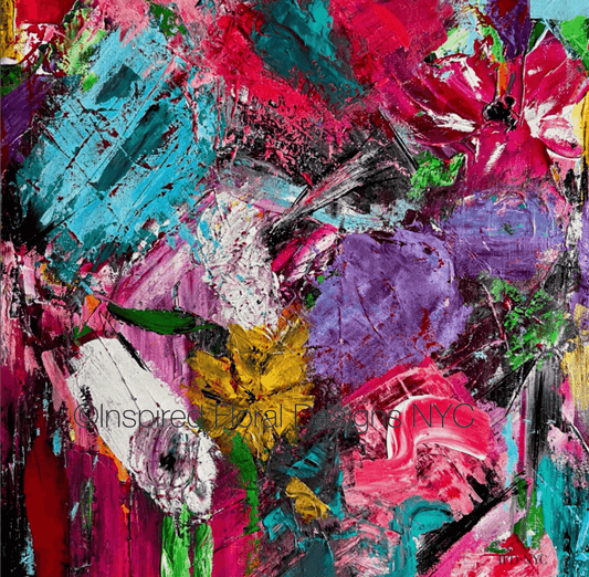 Abstract painting with vibrant colors and brush strokes, featuring the brand Inspired Floral Designs NYC petals in the wild copyright