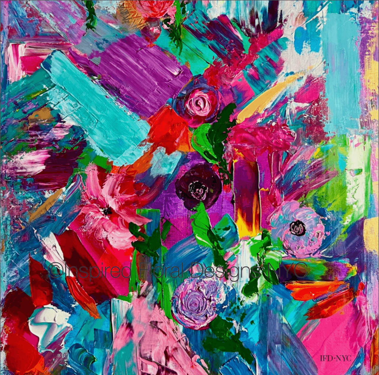 Abstract floral painting with vibrant colors and floral elements titled unleashed petals copyright inspired floral designs nyc
