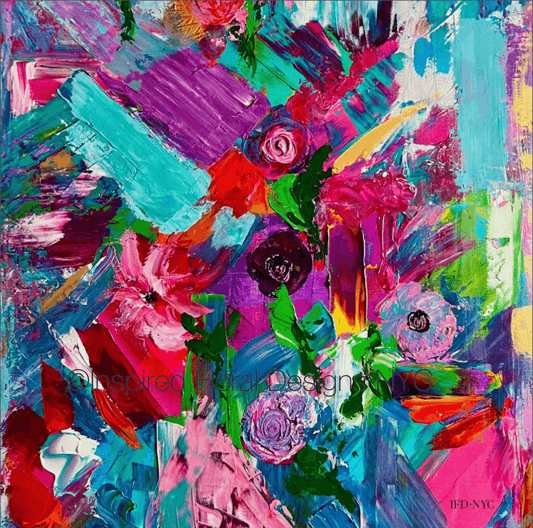 Abstract floral painting with vibrant colors and floral elements titled unleashed petals copyright inspired floral designs nyc