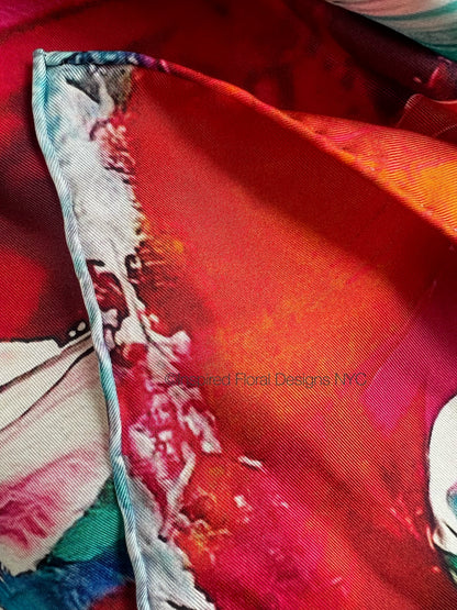 Close-up of a colorful fabric with intricate patterns on a red background inspired floral designs nyc copyright the edit floral art in silk