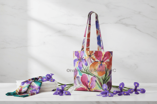 Floral tote bag by inspired floral designs nyc with scarf on a white surface