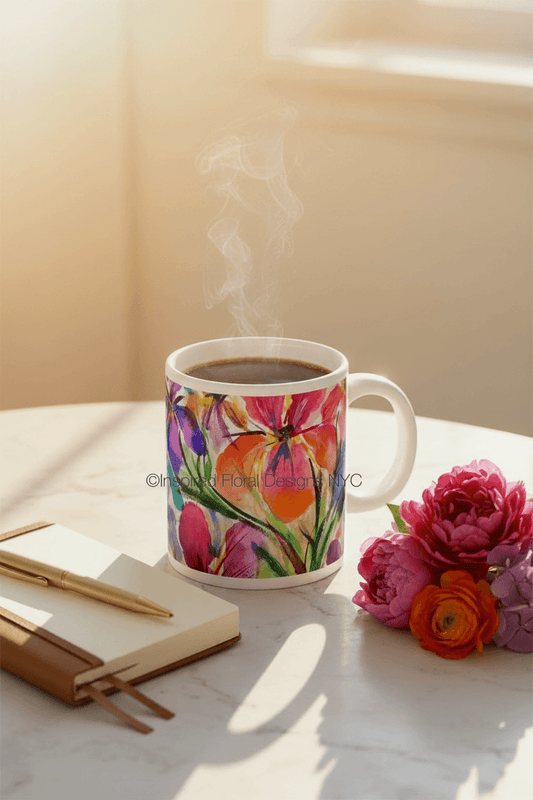 iris social coffee mug painting by whitney inspired floral designs nyc llc with flowers and journal with pen and flowers