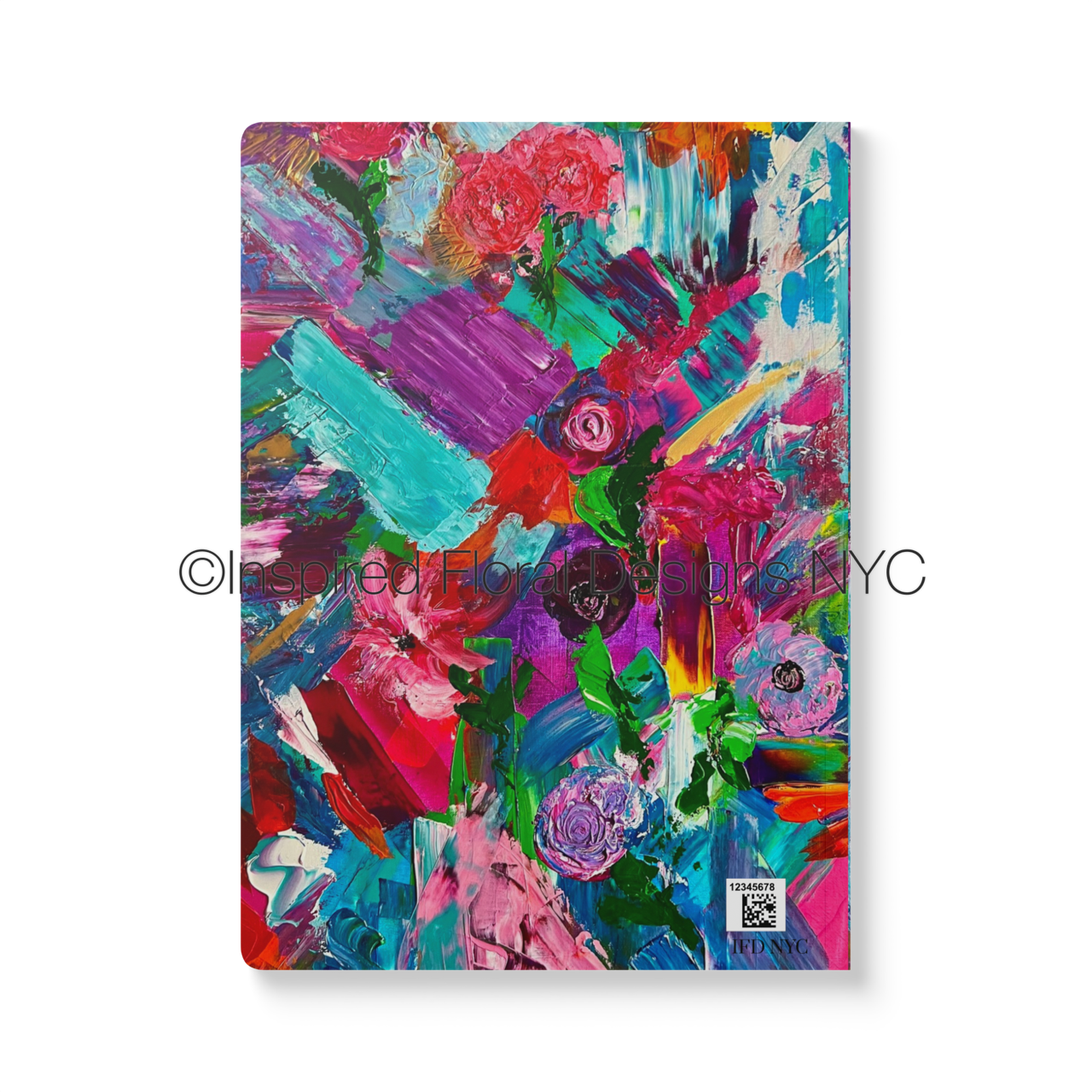 Colorful abstract notebook cover with floral elements on a white background by inspired floral designs nyc