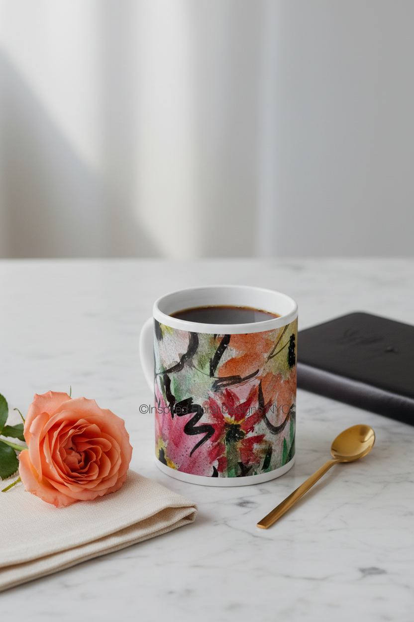 peace jumbo coffee mug with an orange rose, spoon and napkin on table- inspired floral designs nyc llc copyright