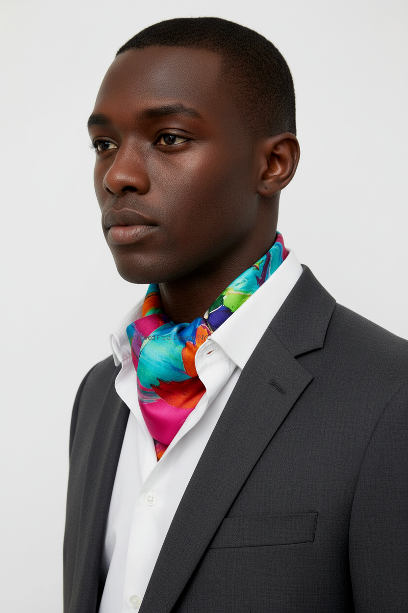 man wearing  petals unleashed floral abstract scarf as an ascot with white shirt and gray jacket inspired floral designs nyc llc copyright
