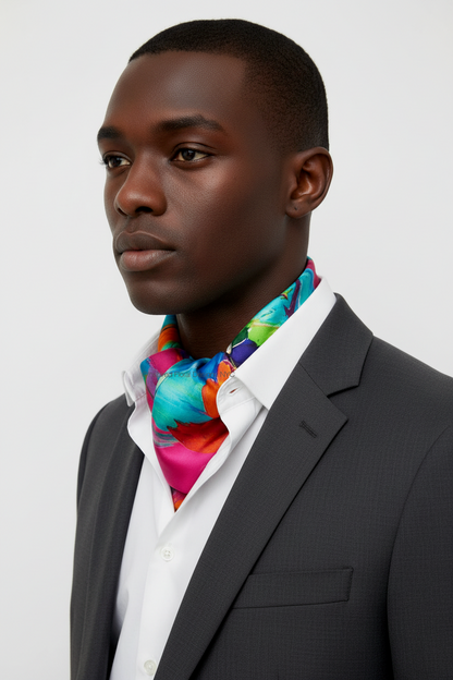man wearing  petals unleashed floral abstract scarf as an ascot with white shirt and gray jacket inspired floral designs nyc llc copyright