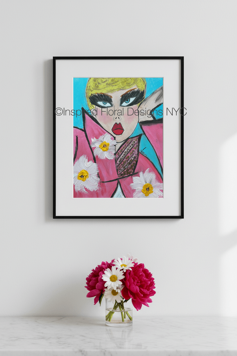 Framed artwork of a stylized face with flowers on a white wall, accompanied by a vase of flowers on a table by inspired floral designs nyc llc copyright 
