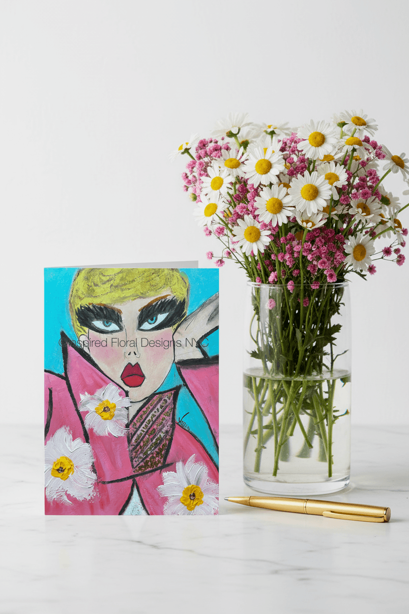 Vase with flowers next to a colorful card with a face design on a white surface by inspired floral designs nyc llc copyright
