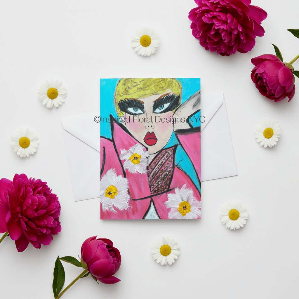 Card with artistic design of a face surrounded by flowers on a white background by inspired floral designs nyc llc copyright