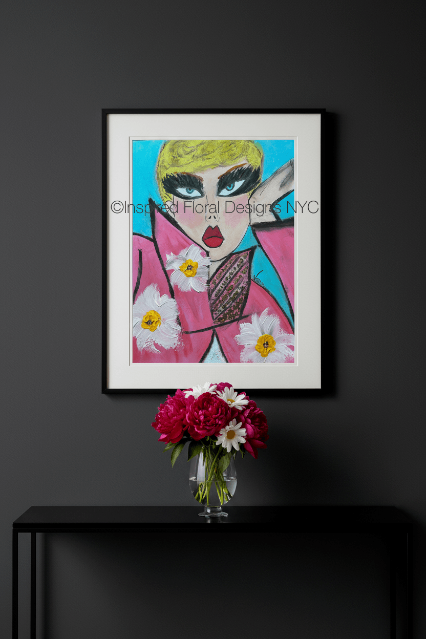 Framed artwork of a stylized face with flowers on a dark wall above a black console table with a vase of flowers by inspired floral designs nyc llc copyright